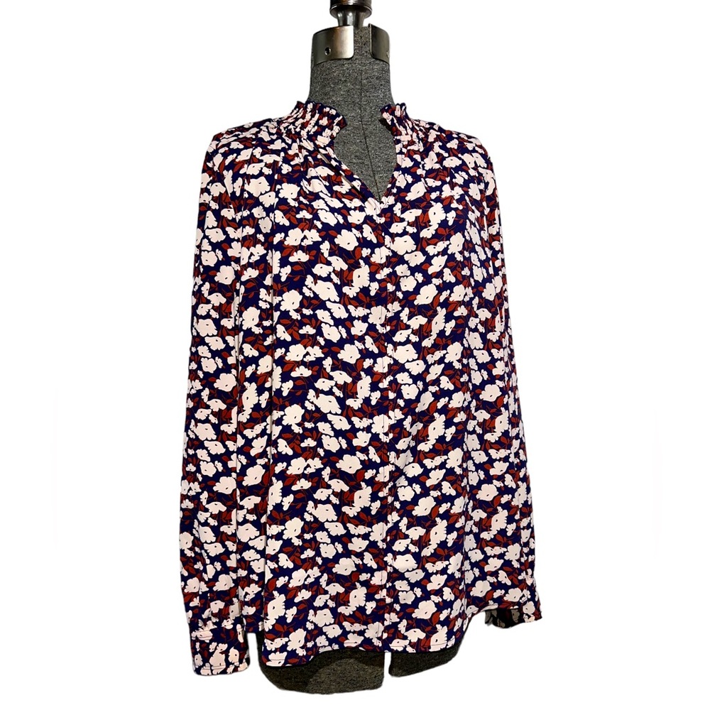 Lark and Ro floral printed blouse - Women's size XL- Blue/Brown/Cream - Picture 1 of 14